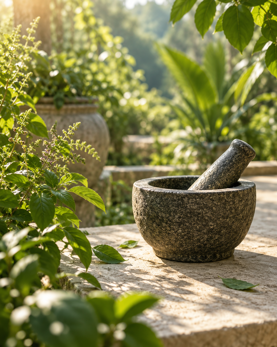 Traditional stone mortar and pestle in a sunlit botanical garden