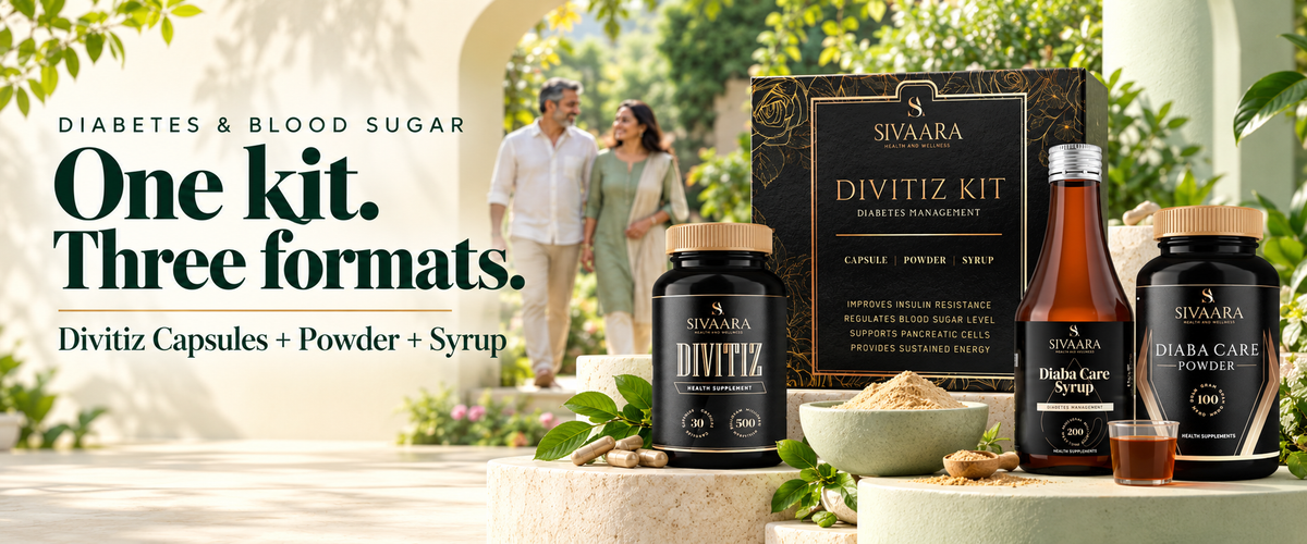 DIABETES & BLOOD SUGAR One kit. Three formats. Divitiz Capsules + Powder + Syrup.