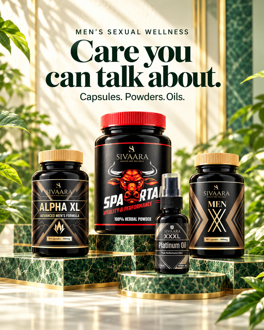 Men’s sexual wellness. Care you can talk about. Capsules, powders and oils.