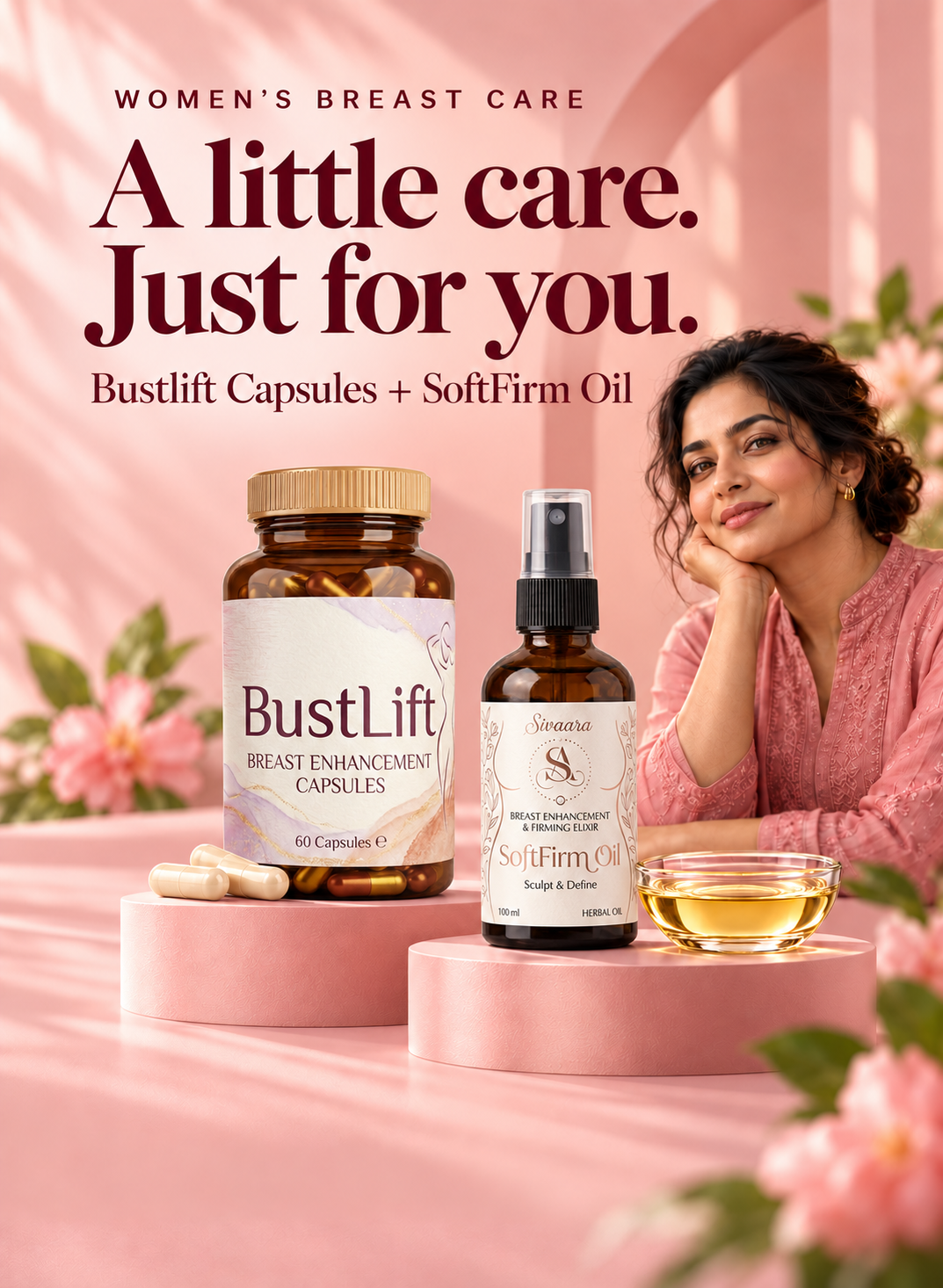 Women’s breast care. A little care. Just for you. Bustlift Capsules and SoftFirm Oil.